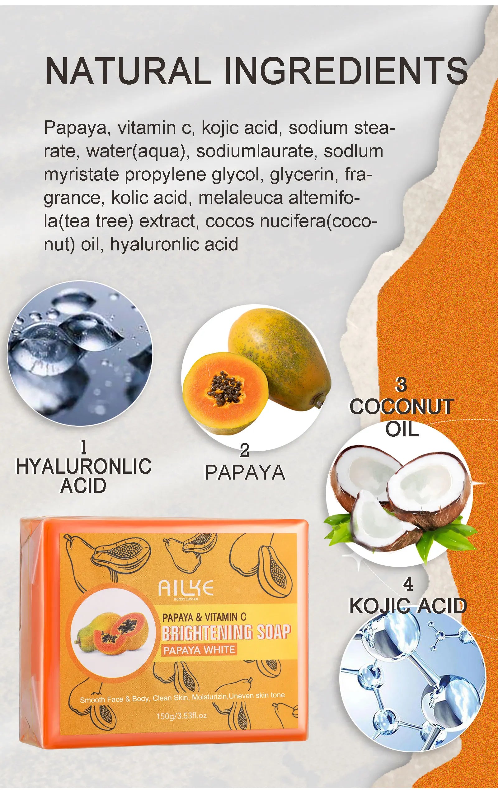 AILKE Skin Whitening Handmade Soap -Organic Papaya Soap For Black Spots, Clean Stains, Improves Dull Skin, Face & Body & Hands - Moyo Elikia