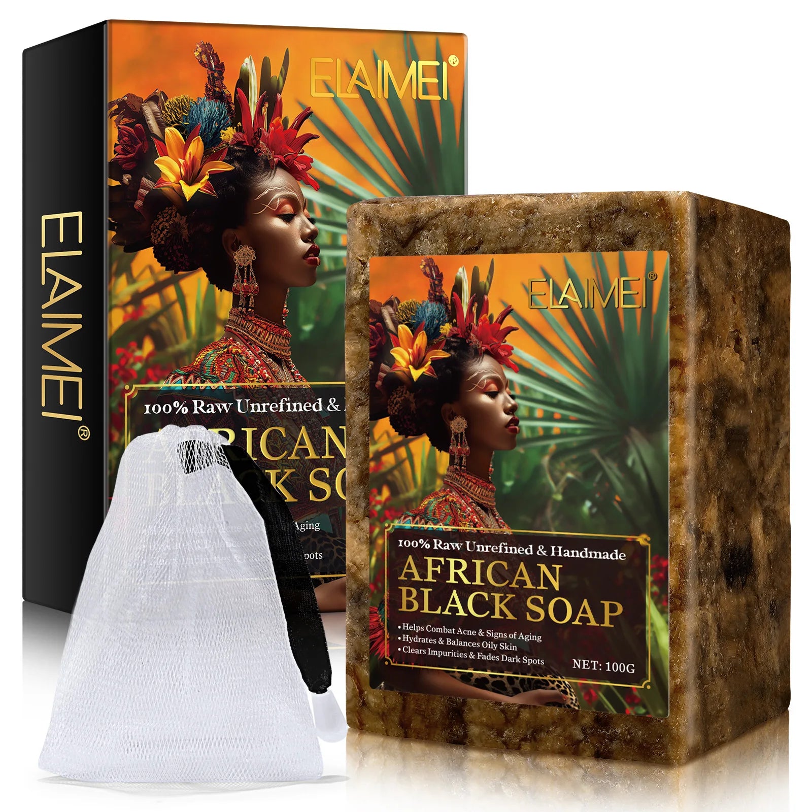 Raw African Black Soap for Oily Skin, Dark Spots Pure & Natural Ingredients - Organic Face and Body Wash Soap - Moyo Elikia