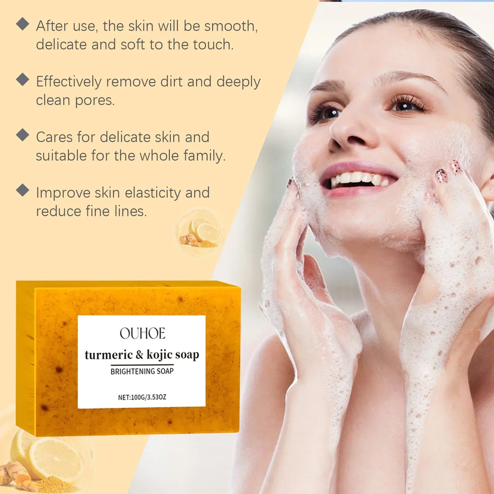 OUHOE Kojic Acid Turmeric Soap Face Deep Cleaning Even Skin Tone Skin Lightening Soap Moisturizer Skin Care Handmade Lemon Soap - Moyo Elikia