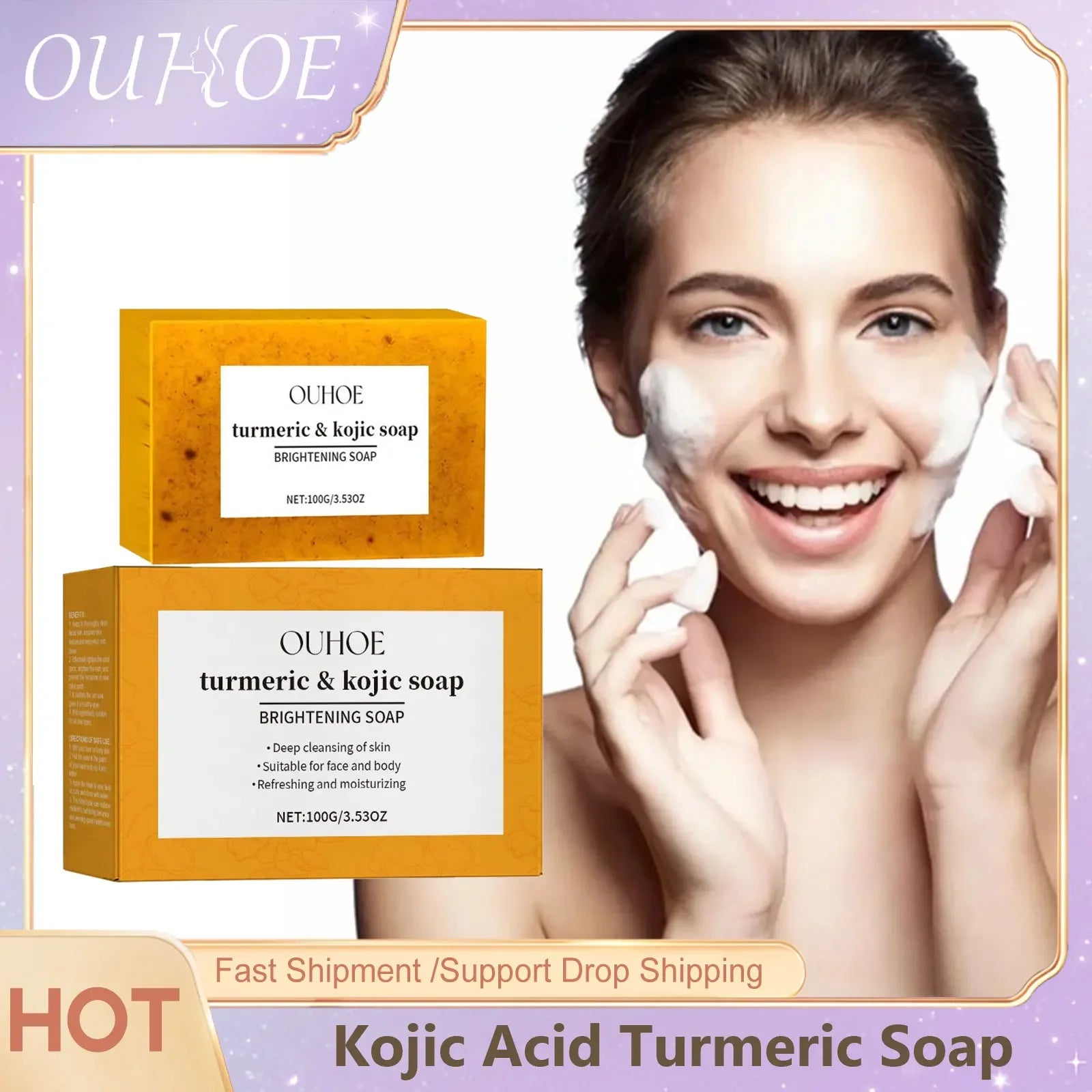 OUHOE Kojic Acid Turmeric Soap Face Deep Cleaning Even Skin Tone Skin Lightening Soap Moisturizer Skin Care Handmade Lemon Soap - Moyo Elikia