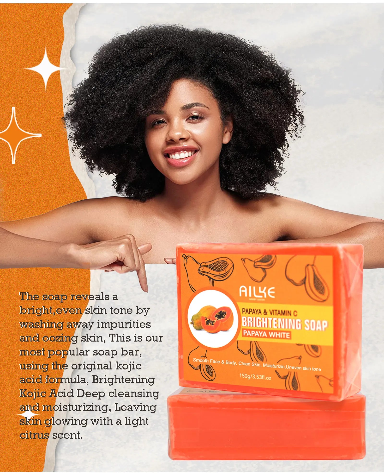 AILKE Skin Whitening Handmade Soap -Organic Papaya Soap For Black Spots, Clean Stains, Improves Dull Skin, Face & Body & Hands - Moyo Elikia
