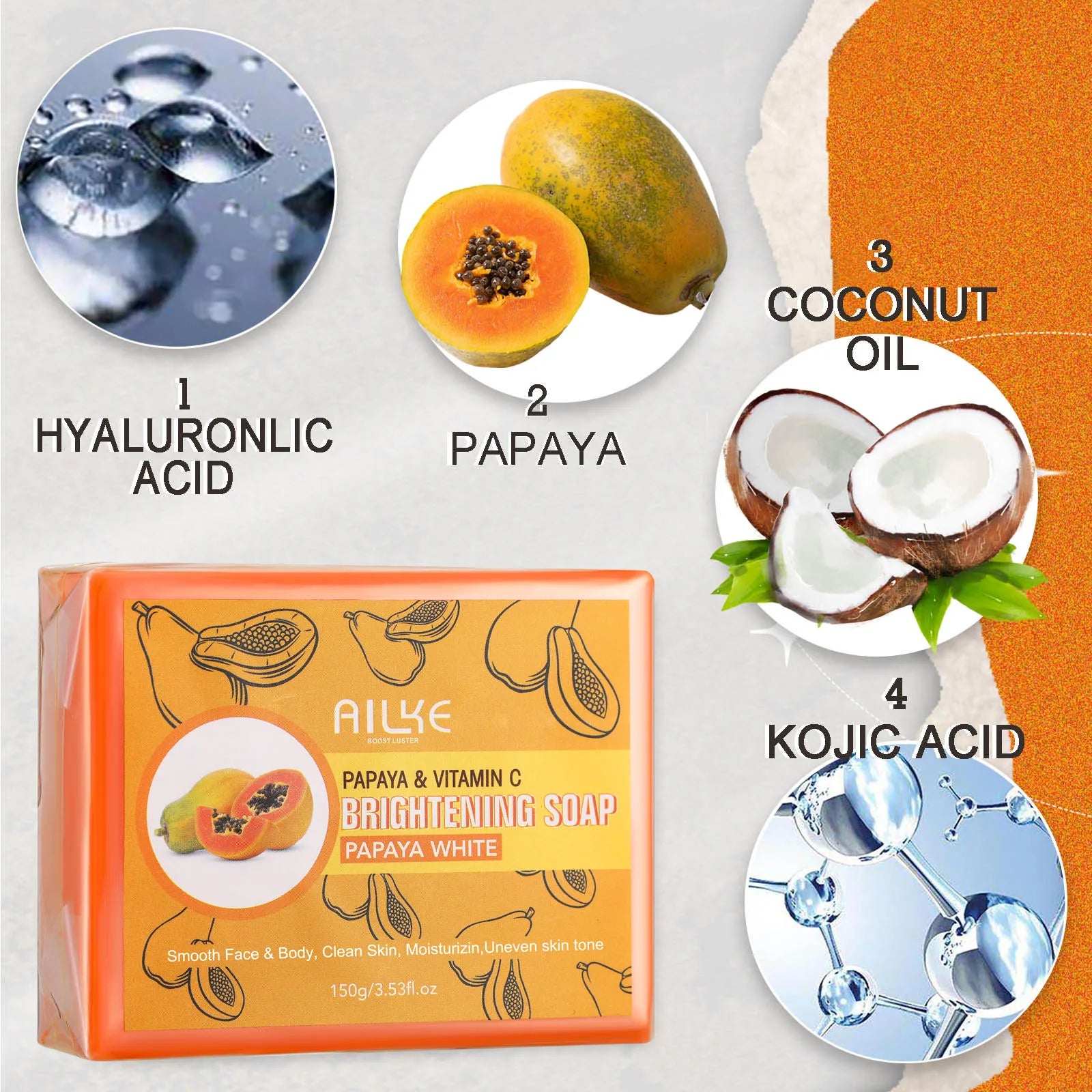 AILKE Skin Whitening Handmade Soap -Organic Papaya Soap For Black Spots, Clean Stains, Improves Dull Skin, Face & Body & Hands - Moyo Elikia