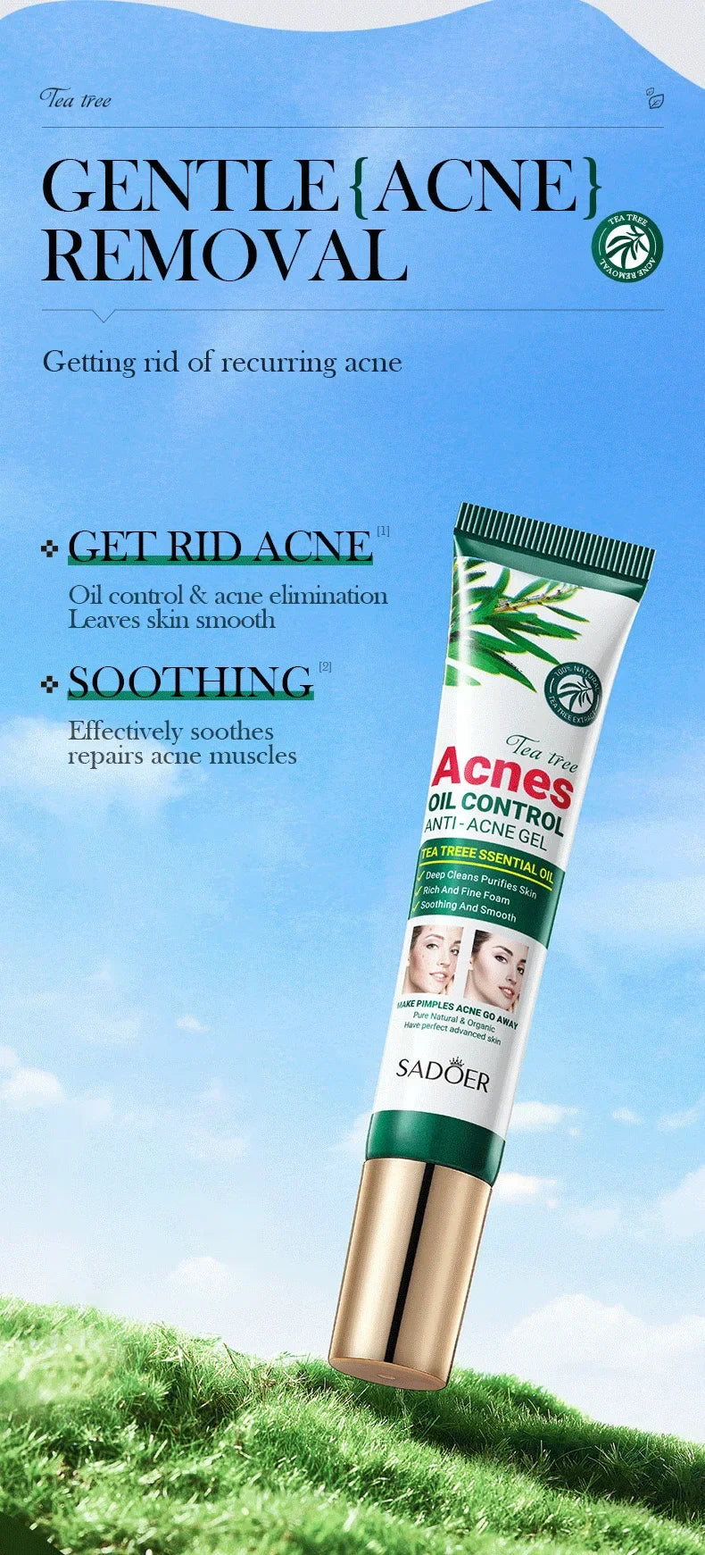 SADOER Tea Tree Acne Removing Cream Facial skincare Oil Control Face Gel Creams Hydrating Moisturizing Facial Cream Skin Care - Moyo Elikia