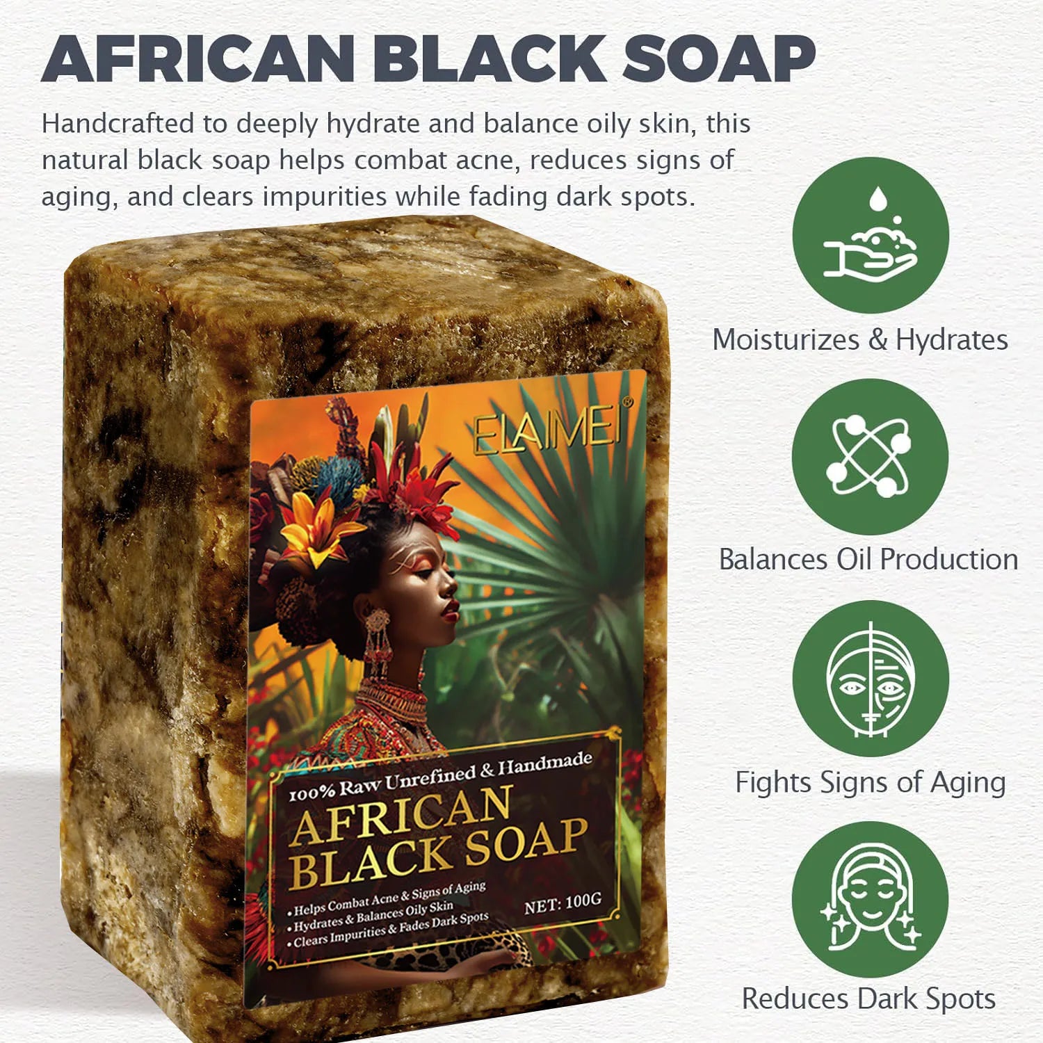 Raw African Black Soap for Oily Skin, Dark Spots Pure & Natural Ingredients - Organic Face and Body Wash Soap - Moyo Elikia