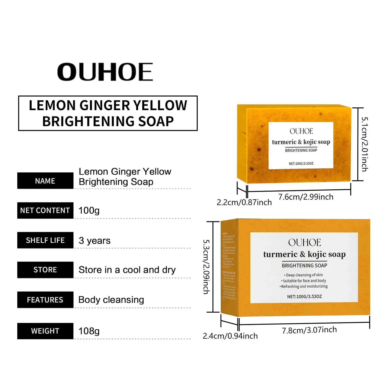OUHOE Kojic Acid Turmeric Soap Face Deep Cleaning Even Skin Tone Skin Lightening Soap Moisturizer Skin Care Handmade Lemon Soap - Moyo Elikia